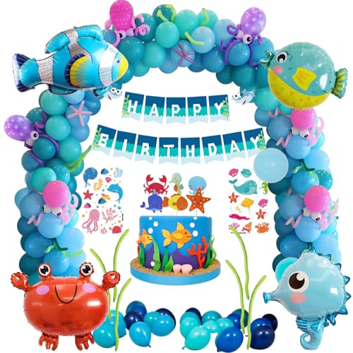 Meer Geburtstagsdeko Jungen Mädchen, Deko Unterwasserwelt Kindergeburtstag Ozean Luftballons Geburtstag mit 3D Ballons Meerestiere Birthday Banner Blau Party Deko Geburtstag für Kinder von GEEKEO