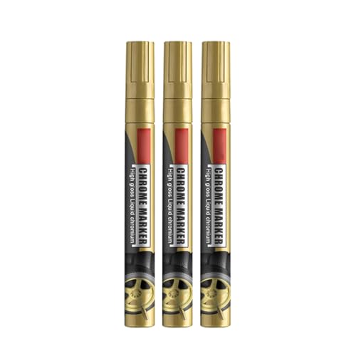GEERYZHE 3-teiliger Chrom Lackstift,Lackkratzer-Reparaturstift für Autoreparatur, Hochglanz Chrom-Marker Set zur Kratzerentfernung an Reifen, Türen & Stoßstangen (Gold) von GEERYZHE