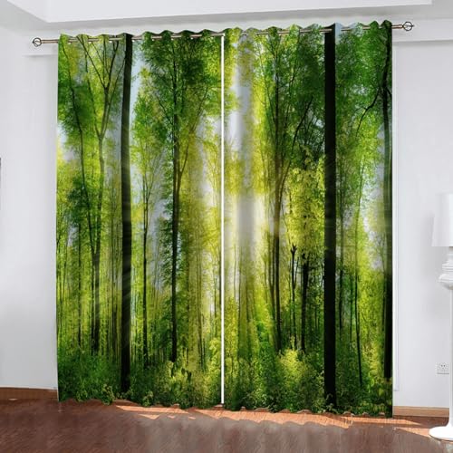 Blickdichte Gardinen Verdunkelungsvorhang Ösenvorhang 3D Gedruckt Curtain Grüner Wald 230cm lang 234cm Breite Polyester Geräuschreduzierung Vorhang Für Zimmer Büro Schlafzimmer von GELOUT