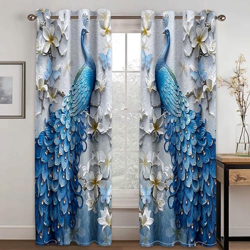 GELOUT Vorhang Blickdicht 3D 2Er Set Curtain Vintage Pfau 245cm lang 140cm Breite Gardine Lichtundurchlässig Fenstervorhang Wohnzimmer Schlafzimmer von GELOUT