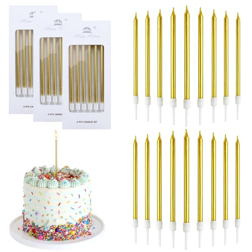18 Stück Geburtstagskerzen für Torte,Lange Geburtstagskerze mit Haltern, Kerzen Geburtstag für Kinder & Erwachsene, Ideal für Dekorative Geburtstagstorte, Hochzeitsparty, Abschlussfeier (Golden) von GEMMAHW