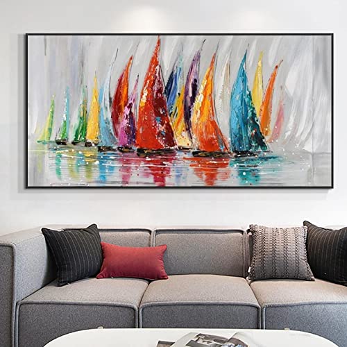 Abstrakte bunte Segel Bild auf Leinwand XXL bunte Landschaft Ölgemälde Poster und Druck Wandkunst für Wohnzimmer 63 x 125 cm rahmenlos von GEMMII