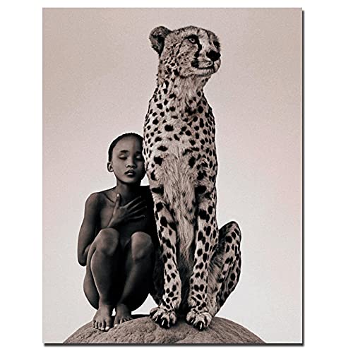 GEMMII Junge und ein Gepard-Leinwandbild, wildes afrikanisches Tierbild, Poster und Drucke für Wohnzimmer, Heimdekoration, 80 x 120 cm, rahmenlos von GEMMII