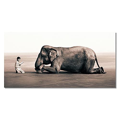 GEMMII Leinwandbild XXL- Boy Reading to Elephant Painting Ashes and Snow Posters and Prints Wall Art Animals Pictures Wall Decor 30x60cm Rahmenlos von GEMMII