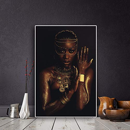 GEMMII Schwarze und goldene nackte afrikanische Frau mit Halskette Wandbild Druck auf Leinwand XXL Gemälde Poster und Druck Skandinavisches Wandkunstbild 70 x 100 cm, rahmenlos von GEMMII