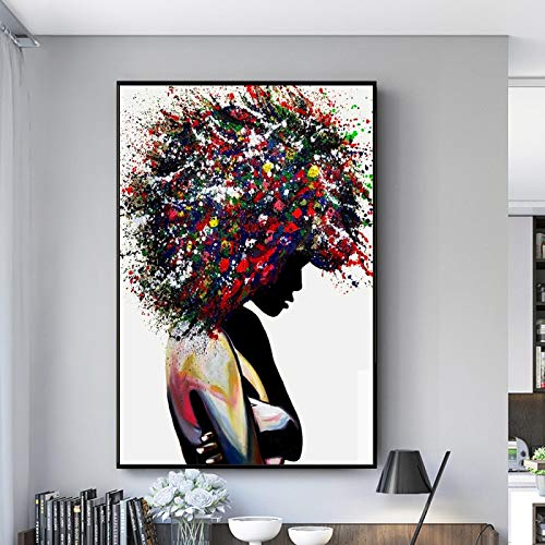 Graffiti-Kunst einer schwarzen Frau, Leinwand-Kunstdruck, afrikanische Frau mit buntem Haar, Bild, moderne Wanddekoration, 50 x 75 cm, rahmenlos von GEMMII