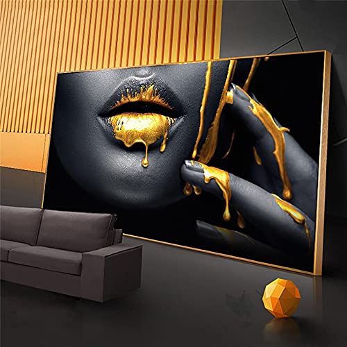 GEMMII Leinwandbilder Wohnzimmer Große schwarze Frauen mit goldenen sexy Lippen Ölgemälde auf Leinwand Moderne Wandbilder Wohnkultur 70 x 140 cm x 2 Rahmenlos von GEMMII