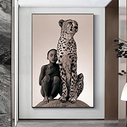 Modernes, wildes afrikanisches Tier, Junge und Gepard Bilder Druck auf Leinwand XXL, Poster und Drucke, Leinwand-Wandkunstbild für Wohnzimmerdekoration, 50 x 75 cm, rahmenlos von GEMMII