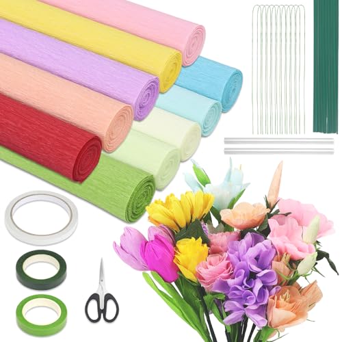 GENHH 10 Rollen Krepppapier Bunt, 25x250cm Bunt Bänder Crepe Paper, 10 Farben Krepppapier Pastell Bunte mit Blumendraht&Floristenband für Herstellung von Valentinstag-Blumen DIY Blumenpapier-Handwerk GENHH 10 Rollen Krepppapier Bunt, 25x250cm Bunt Bänder Crepe Paper, 10 Farben Krepppapier Pastell Bunte mit Blumendraht&Floristenband für Herstellung von Valentinstag-Blumen DIY Blumenpapier-Handwerk von GENHH