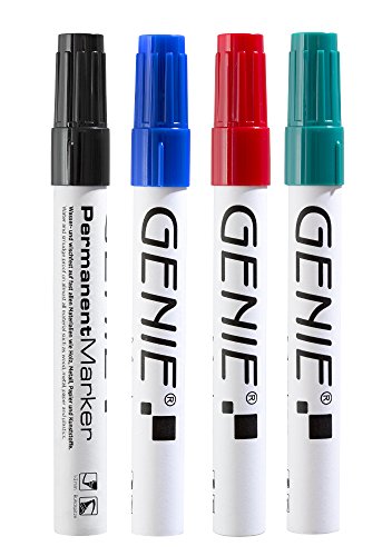 Genie 40038 Permanent Marker, Farbig sortiert, mit Rundspitze und Metallschaft, Strichbreite 1-3 mm, 4 er Pack Inhalt: je 1 x Schwarz, Blau, rot und Grün von GENIE