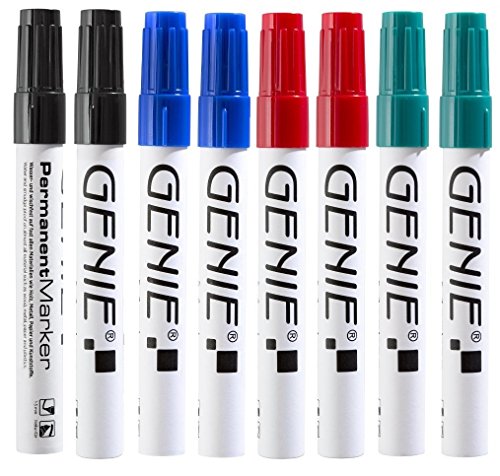 Genie 12598 Permanent Marker (farbig sortiert, mit Keilspitze und Metallschaft, Strichbreite 1-5 mm) 8er Pack, je 2 x schwarz, blau, rot und grün von GENIE