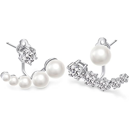 Asymmetrische Perlen-Zirkonia-Ohrringe für Frauen - 925 Sterling Silber Ohrnadel-Ohrringe für Mädchen, Ungewöhnliche Ohrstecker Kristall Ohrring unter dem Ohr, Ohrringe mit Perlen Geschenke für Damen von GENSMILE
