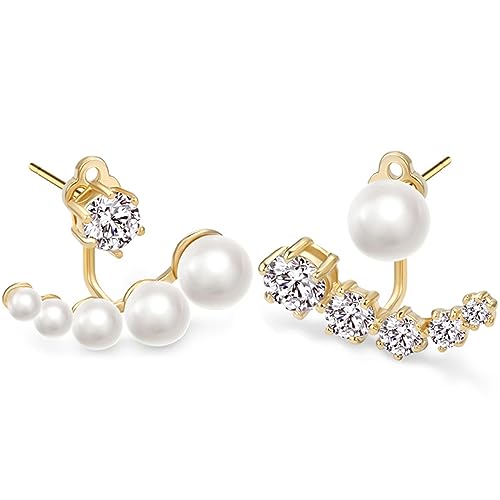 Asymmetrische Perlen-Zirkonia-Ohrringe für Frauen - 925 Sterling Silber Ohrnadel-Ohrringe für Mädchen, Ungewöhnliche Ohrstecker Kristall Ohrring unter dem Ohr, Ohrringe mit Perlen Geschenke für Damen von GENSMILE