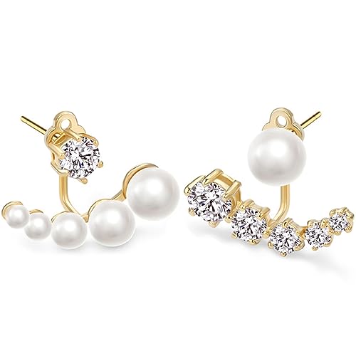 Asymmetrische Perlen-Zirkonia-Ohrringe für Frauen - 925 Sterling Silber Ohrnadel für Mädchen, Ungewöhnliche Kristall Ohrstecker Unter dem Ohr, Mit Perlen Geschenke für Damen von GENSMILE