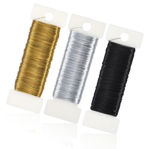 3 Farben Basteldrähte, 50M x 0,35mm Basteldraht Dünn Eisen Draht zum Basteln Schmuckdraht Bindedraht Floristendraht Silberdraht Wire Blumendraht Steckdraht DIY Deko, Basteldraht Gold, Silber, Schwarz von GENZYRE