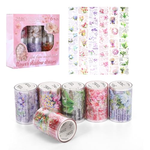 GENZYRE 6 Rollen Floral Washi Tape Set Vintage, Washi Sticker Rolle, Rub on Scrapbook Sticker Set Blumen Glitzer Washitape für Scrapbooking Journaling Kunsthandwerk Geschenke DIY für Blumen Lieben von GENZYRE