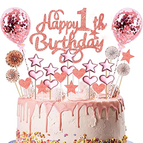 Geburtstag Tortendeko Geburtstag Rosegold Kuchendeckel Geburtstag, Happy Birthday Cake Topper Set mit Herz Stern Luftballons Papierfächer Cupake Topper Dekoration für Geburtstagsparty (1) von GERUI