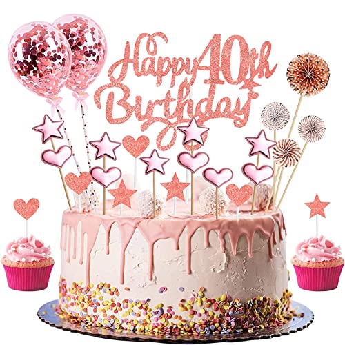Geburtstag Tortendeko Geburtstag Rosegold Kuchendeckel Geburtstag, Happy Birthday Cake Topper Set mit Herz Stern Luftballons Papierfächer Cupake Topper Dekoration für Geburtstagsparty (40) von GERUI
