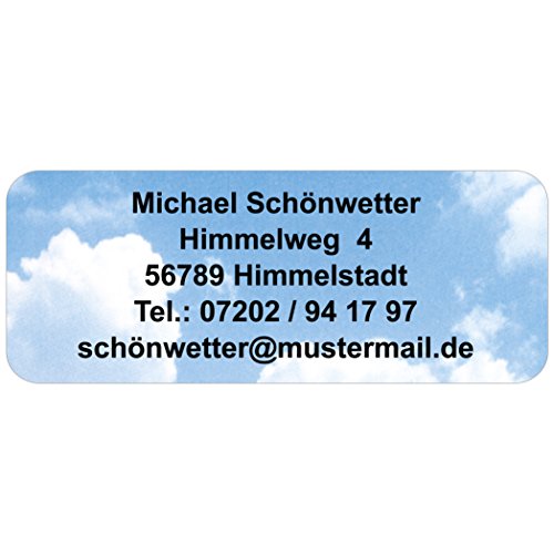 Adress-Etiketten - Adress-Aufkleber "Himmel" mit Ihrem Wunschtext, 160 Stück, ca. 56 x 23 mm, für 1 bis 5 Zeilen Text Adress-Etiketten - Adress-Aufkleber "Himmel" mit Ihrem Wunschtext, 160 Stück, ca. 56 x 23 mm, für 1 bis 5 Zeilen Text von GESCHENKE-MIT-NAMENde