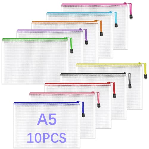 GESDYO 10 Pcs Dokumententasche A5 Zipper,bunte wasserdichte Dokumententasche mit Reißverschluss,Geeignet für Schulen, Büros, Häuser, Reisen, Kosmetik, Werkzeuge, Schreibwarenzubehör von GESDYO