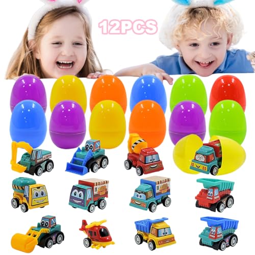 GETBSTOOP Holen Sie sich Baubesebehörer Ostereier mit Spielzeugautos, ziehen Sie Trucks for die Ostereiersuche zurück, Korb-Stuffers Ostereiersuche mit LKWs for Kleinkinderparty. von GETBSTOOP