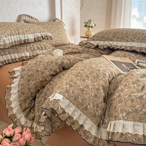 GETIYA Elegant Karamell Blumen Bettwäsche 135x200 Baumwolle Doppelgarn Bettbezug mit Rüschen Damen Mädchen Baumwollgarn Bettwäsche Set Blümchen Muster Deckenbezug mit 1 Kissenbezug 80x80 von GETIYA