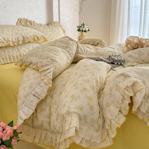 GETIYA Gelb Hellgelb Blumen Bettwäsche 135x200 Baumwolle Doppelgarn Bettwäsche Rüschen Vintage Bettbezug Damen Mädchen Weich Baumwollgarn Deckenbezug Floral Muster mit 1 Kissenbezug 80x80 GETIYA Gelb Hellgelb Blumen Bettwäsche 135x200 Baumwolle Doppelgarn Bettwäsche Rüschen Vintage Bettbezug Damen Mädchen Weich Baumwollgarn Deckenbezug Floral Muster mit 1 Kissenbezug 80x80 von GETIYA