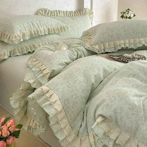 GETIYA Grün Hellgrün Blumen Bettwäsche 135x200 Baumwolle Doppelgarn Bettbezug mit Rüschen Bettwäsche Damen Mädchen Weich Baumwollgarn Deckenbezug Blümchen Muster mit 1 Kissenbezug 80x80 von GETIYA