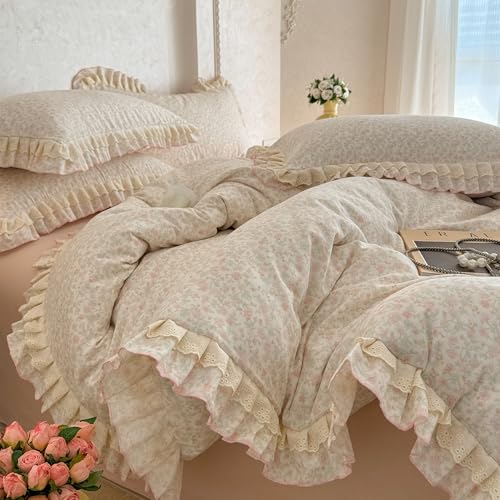 GETIYA Romantisch Blumen Bettwäsche 135x200 Baumwolle Doppelgarn Bettwäsche mit Rüschen Bettbezug Blümchen Muster Mädchen Damen Deckenbezug Baumwollgarn mit 1 Reißverschluss Kissenbezug 80x80 von GETIYA