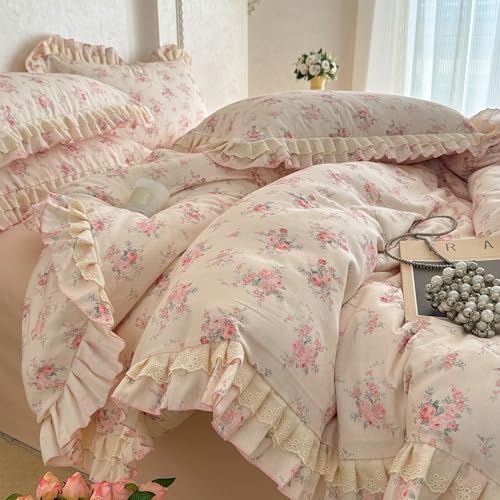 GETIYA Rosa Blumen Bettwäsche 135x200 Baumwolle Doppelgarn Bettbezug Damen Mädchen Baumwollgarn Bettwäsche Set mit Rüschen Weich Baumwolle Deckenbezug Blümchen Muster mit 1 Kissenbezug 80x80 von GETIYA