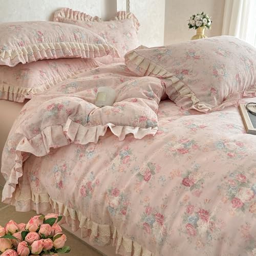 GETIYA Rosa Vintage Blumen Bettwäsche 135x200 Mädchen Damen Baumwollgarn Bettwäsche Set mit Rüschen Bettbezug Blümchen Muster Weich Baumwolle Deckenbezug Einzelbett mit 1 Kissenbezug 80x80 von GETIYA