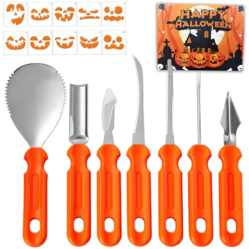 GEVECORI Halloween Kürbis Schnitzset, 7 Stück Kürbis Schnitzen mit Vorlagen, Edelstahl Kürbis Schnitzwerkzeuge für Kinder und Erwachsene, DIY Halloween Dekoration für Außen- und Innendekor von GEVECORI