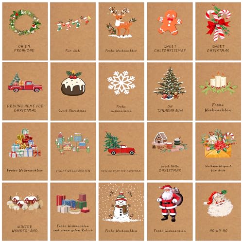 Weihnachtskarten mit Umschlag Set, 20 Stück A6 Klappkarten Kraftpapie Weihnachtskarte, Lustige Klein Weihnachtspostkarten Geschenke für deine Weihnachtsgrüße (Vintage) von GEVECORI