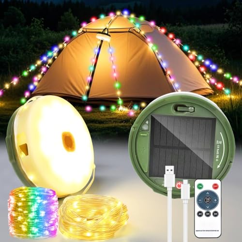 Solar Camping Lichterkette aufrollbar 20m, Warmweiß + RGB, aufrollbare Lichterkette Camping außen, Batterie 3600mah, Solarenergie und USB-Aufladung, IP65 Wasserdichte, Garten, Wandern von GEYUEYA Home