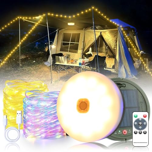 Solar Camping Lichterkette aufrollbar 10m, Warmweiß + RGB, aufrollbare Lichterkette Camping außen, Batterie 3600mah, Solarenergie und USB-Aufladung, IP65 Wasserdichte, Garten, Wandern von GEYUEYA Home
