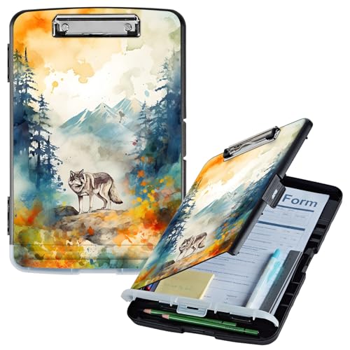 Klemmbrett mit Aufbewahrung, Aquarellwolf, hohe Kapazität, Aufbewahrungs-Klemmbrett mit Stifthalter, seitliche Öffnung, Kunststoff-Klemmbretter, strapazierfähig, Still-Klemmbretter, faltbar, A4 Klemmbrett mit Aufbewahrung, Aquarellwolf, hohe Kapazität, Aufbewahrungs-Klemmbrett mit Stifthalter, seitliche Öffnung, Kunststoff-Klemmbretter, strapazierfähig, Still-Klemmbretter, faltbar, A4 von GFRGTFHYT