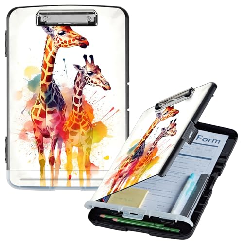 Klemmbrett mit Aufbewahrung, Kunst-Giraffe, hohe Kapazität, Aufbewahrung, Klemmbrett mit Stifthalter, seitliche Öffnung, Kunststoff-Klemmbretter, strapazierfähig, Still-Klemmbretter, faltbar, A4 von GFRGTFHYT
