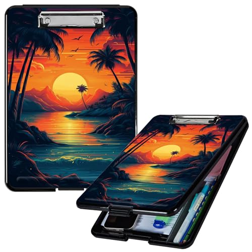 Klemmbrett mit Aufbewahrung, hohe Kapazität, Still-Klemmbretter mit Stifthalter, robuster Kunststoff, mit seitlicher Öffnung, Klemmbrettmappe für Bürobedarf, Sonnenuntergang, Strand, Ozeanlandschaft von GFRGTFHYT