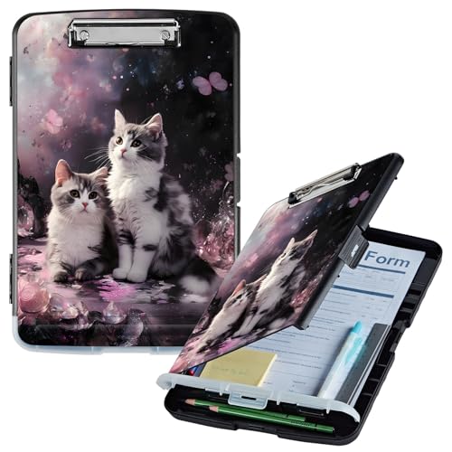 Klemmbrett mit Aufbewahrung, niedliche rosa Katzen, hohe Kapazität, Aufbewahrungs-Klemmbrett mit Stifthalter, seitliche Öffnung, Kunststoff-Klemmbretter, strapazierfähig, Still-Klemmbretter, faltbar von GFRGTFHYT