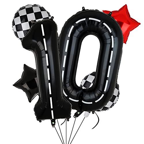 Rennauto Geburtstag Luftballons 101,6 cm Rennstrecke Zahl Ballon 10 Schwarz Jungen 10. Geburtstag Rennauto Thema Party Dekor Zubehör 6 Stück von GGDE
