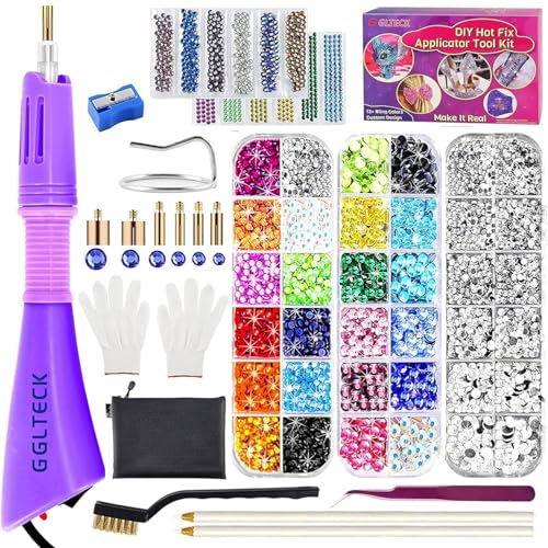 Hotfix Applikator, GGLTECK DIY Hot Fix Strass Applikator Wand Setter Tool Kit mit 7 verschiedenen Größen Spitzen, Pinzette & Pinsel Reinigungsset und 2 Pack Hot-Fix Kristall-Strasssteine von GGLTECK