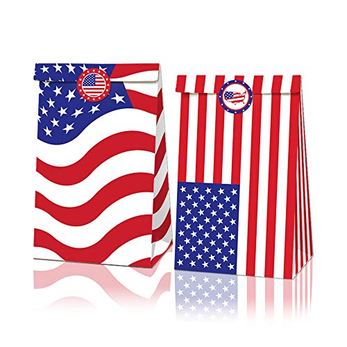 GGSELL 12er Pack amerikanische Flagge 4. Juli Party Papiertüten für den 4. Juli, dekorativ für den Gedenktag, rot-Blaue und weiße Partyzubehör-Papiertüten mit Flaggenaufklebern von GGSELL