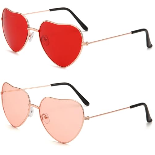 GGUFAY 2 Paar Herzbrille, Partybrille Hippie Brille, Herz Sonnenbrille Lustige Brillen,Party Brille für Erwachsene, Festival Must Haves Sonnenbrille Zubehör(Rot & Rosa) von GGUFAY