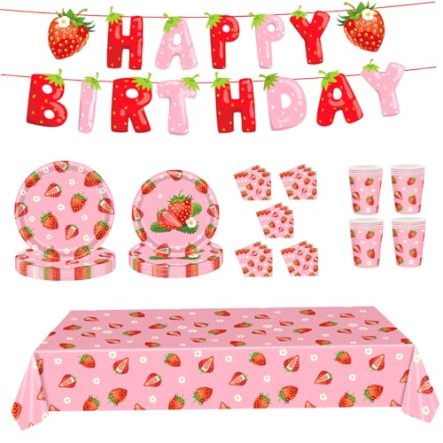 Erdbeerpartydekorationen, 70pcs/festgelegte Erdbeer -Babyparty -Dekorationen umfassen 54x108 Tischdecke, Tassen, Banner, 7 ＆ 9 Zoll Teller und Servietten von GGpone
