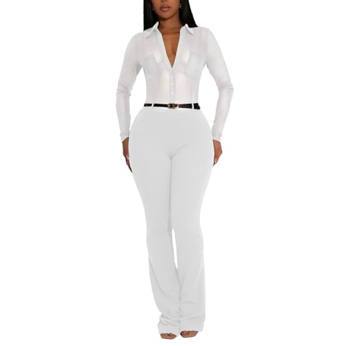 GHAKKE Sexy, Durchsichtiger Damen-Overall Aus Netzstoff Für Den Nachtclub Mode-Overall Mit Revers, Langen Ärmeln Und Knopfleiste, Schmaler Schnitt Und Schlaghose(White,XX-Large) von GHAKKE