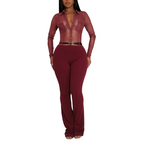 GHAKKE Sexy, Durchsichtiger Damen-Overall Aus Netzstoff Für Den Nachtclub Mode-Overall Mit Revers, Langen Ärmeln Und Knopfleiste, Schmaler Schnitt Und Schlaghose(Wine red,L) von GHAKKE
