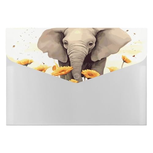Akkordeon-Aktenordner, Elefant und Sonnenblume, 6 Fächer, Dokumenten-Organizer, Fächermappe mit Etiketten, Reise-Dokumentenmappe, Kunststoff-Umschläge mit Schnappverschluss, 33 x 23 cm von GHENBLT