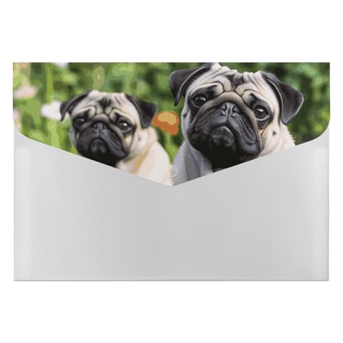 Pugs in The Garden Akkordeon-Aktenordner, 6 Fächer, Dokumenten-Organizer, Fächermappe, Akkordeon-Ordner mit Etiketten, Reisedokumentenmappen, Kunststoff-Umschläge mit Schnappverschluss, 33 x 23 cm von GHENBLT