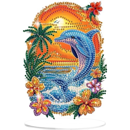 GHHKUD Delfin Diamond Painting Desktop Deko für Erwachsene Kinder, Tiere Diamond Painting Tischdekoration, 5D Diamant Painting Bilder Kits, DIY Diamant-Malerei Deko für den Schreibtisch, Box Paket von GHHKUD
