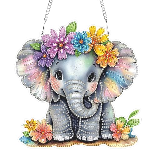 GHHKUD Diamond Painting Fensterbilder Beidseitige, Diamond Painting Elefanten Blumen Anhänger mit Kette, Diamant Painting Bilder Kristall Malerei Anhänger, Wandbehang Kits für Fenster Wand Decor von GHHKUD